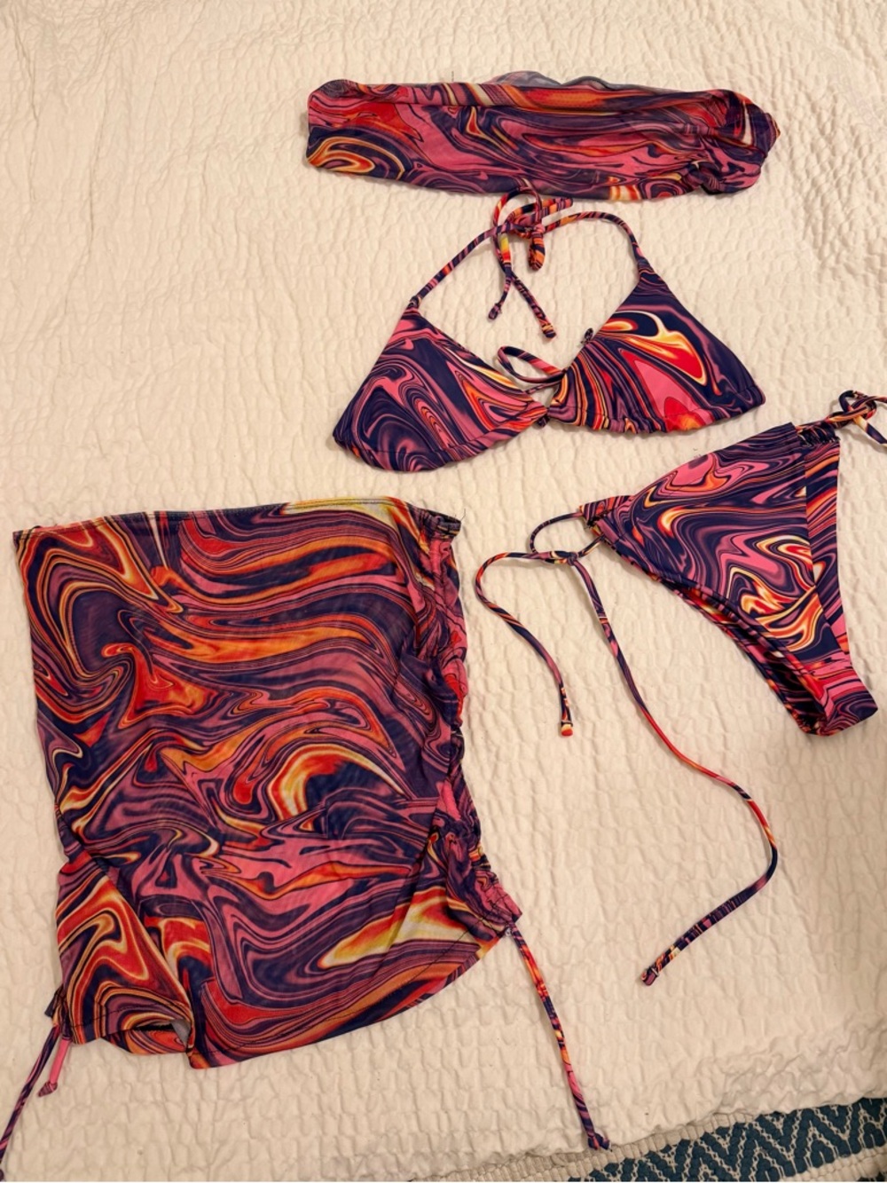 Swirl Print 3-Piece Bikini Set with Cover-Up - Purple & Pink